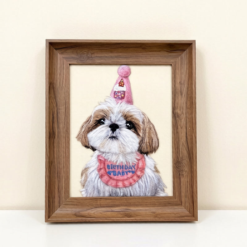 Birthday themed needle felted Shih Tzu dog portrait, handmade pet memorial art, cute dog keepsake