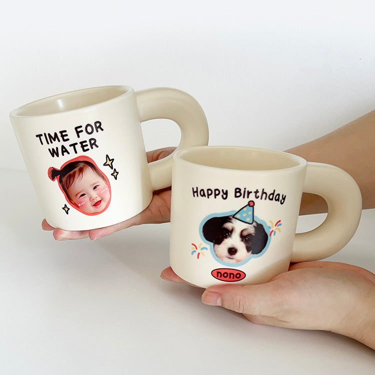 Personalized white ceramic mug featuring a cute baby and a dog photo, perfect for gifts and keepsakes.
