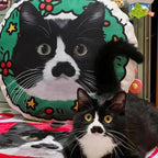 Custom black and white cat face pillow with Christmas theme, personalized cat cushion gift