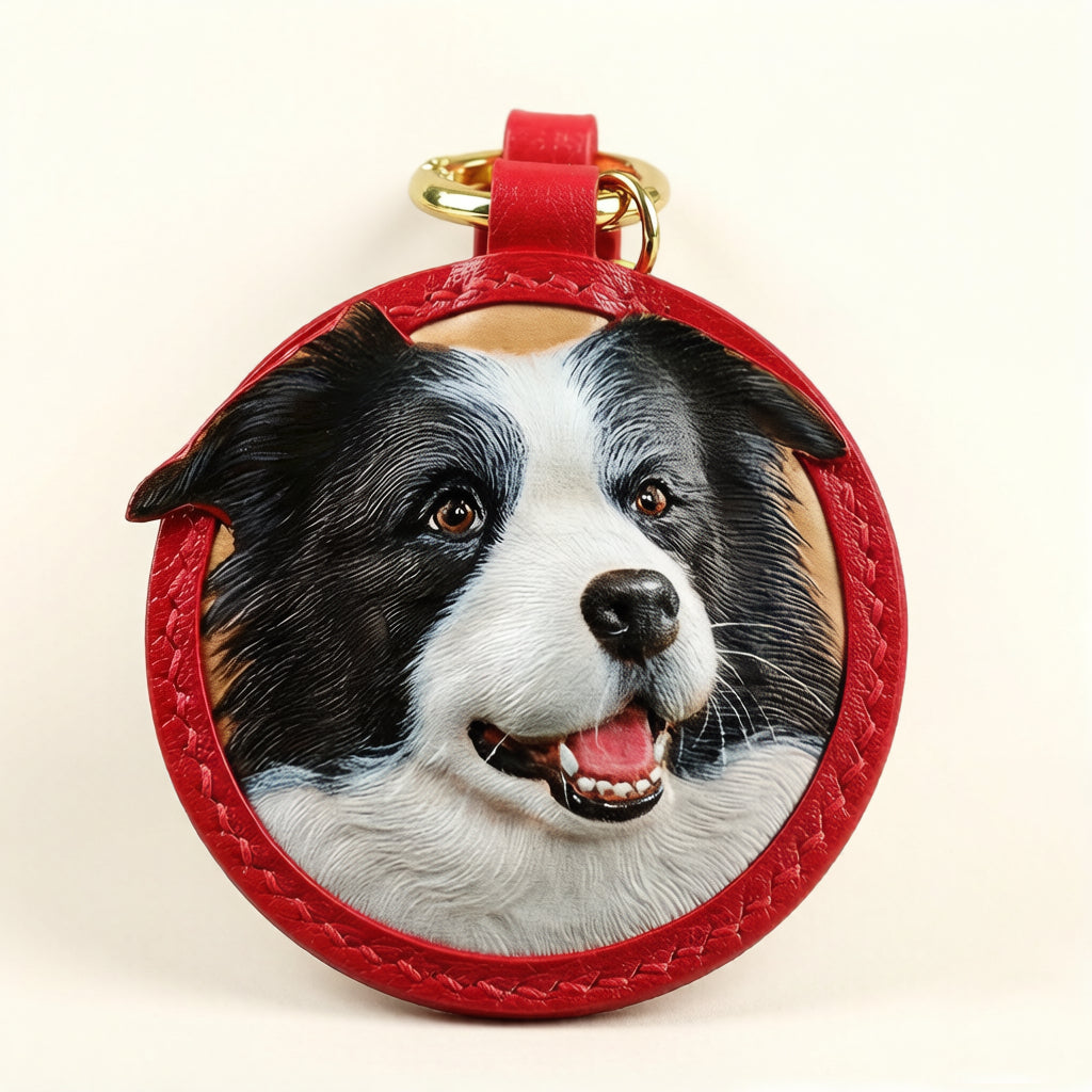 Custom Border Collie dog leather keychain, versatile accessory for keys, bag, or car, personalized gift in red
