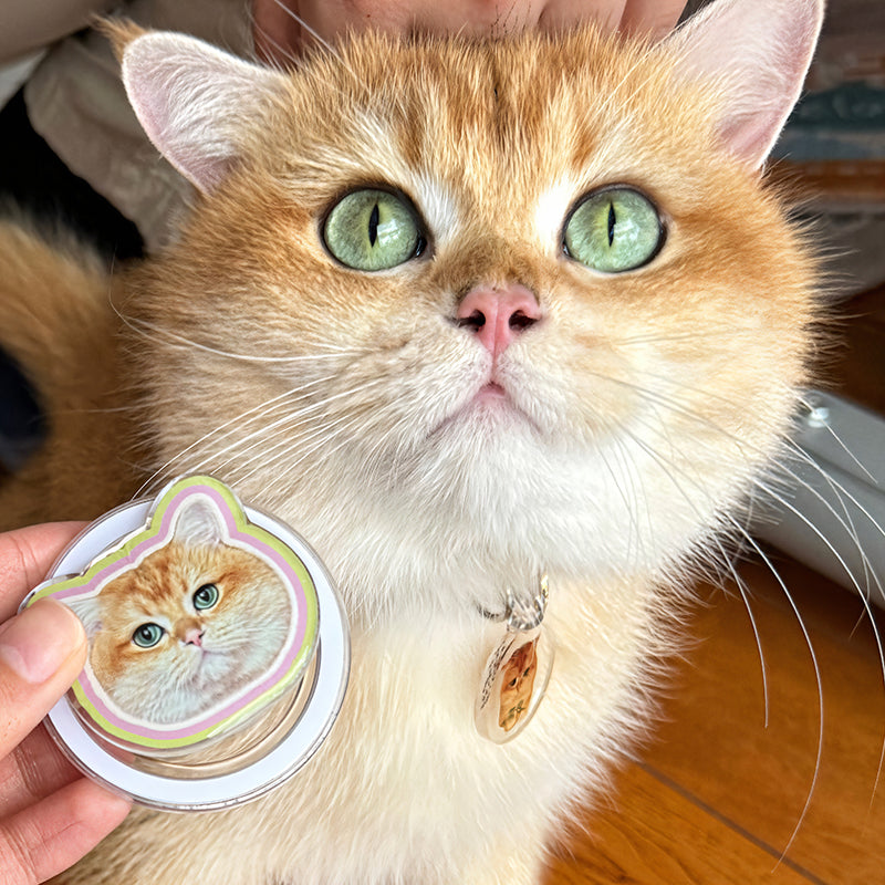 Personalized cat phone grip close-up, custom pet photo design