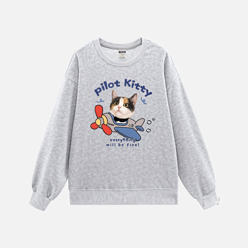 Personalized cat sweatshirt with "Pilot Kitty" design, made from soft grey fabric, perfect gift for cat lovers
