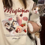 Custom cat t-shirt with cute kitten design, milkshake and cake print, personalized cat lover gift
