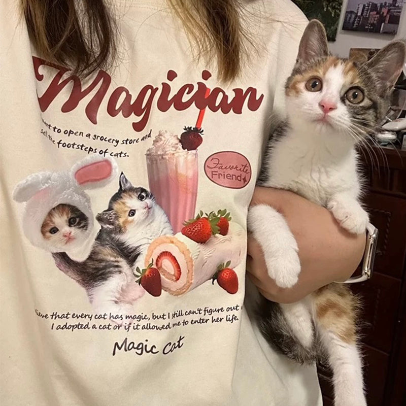 Custom cat t-shirt with cute kitten design, milkshake and cake print, personalized cat lover gift