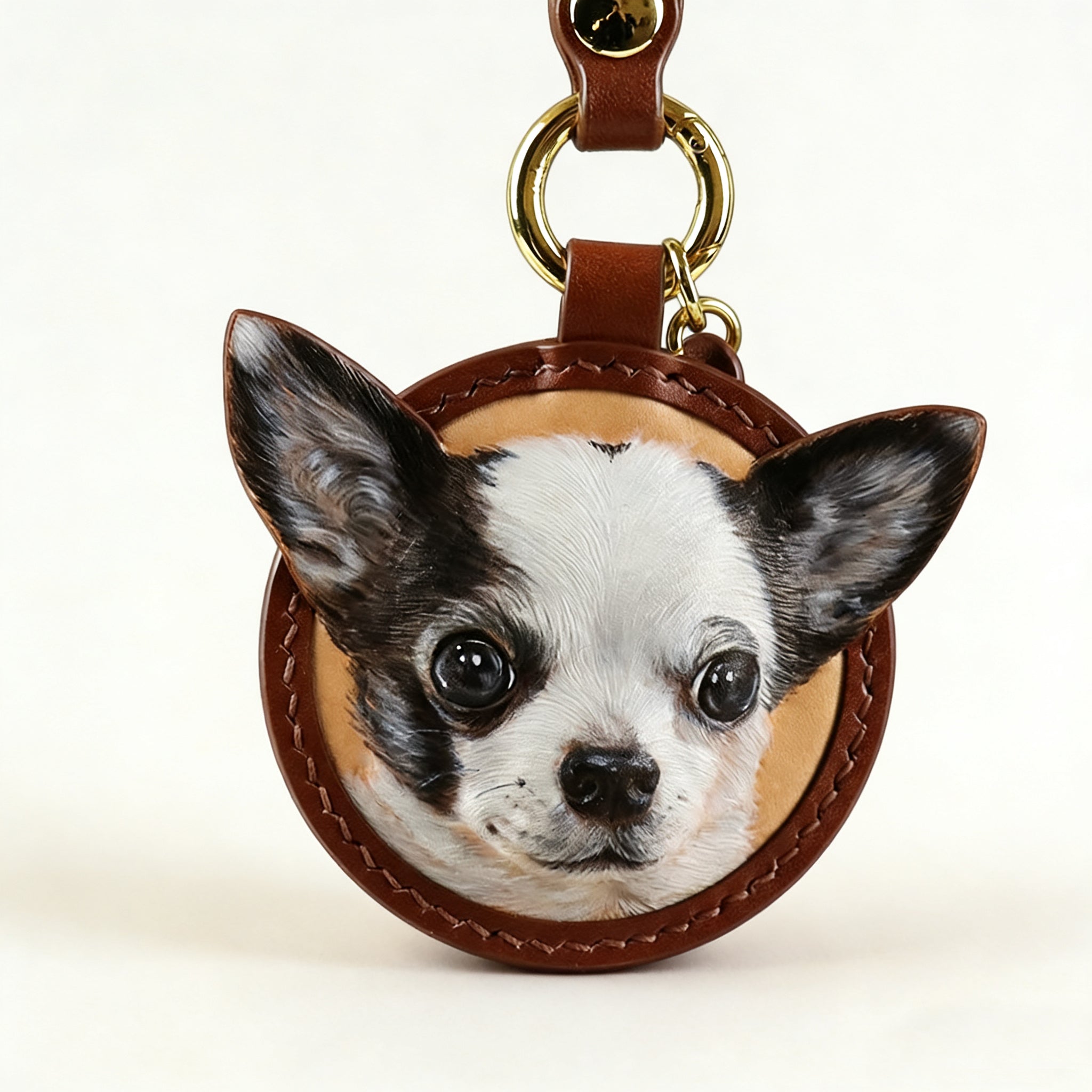 Custom Chihuahua dog leather keychain, multi-use pet accessory for keys, bags, or car, personalized gift in brown