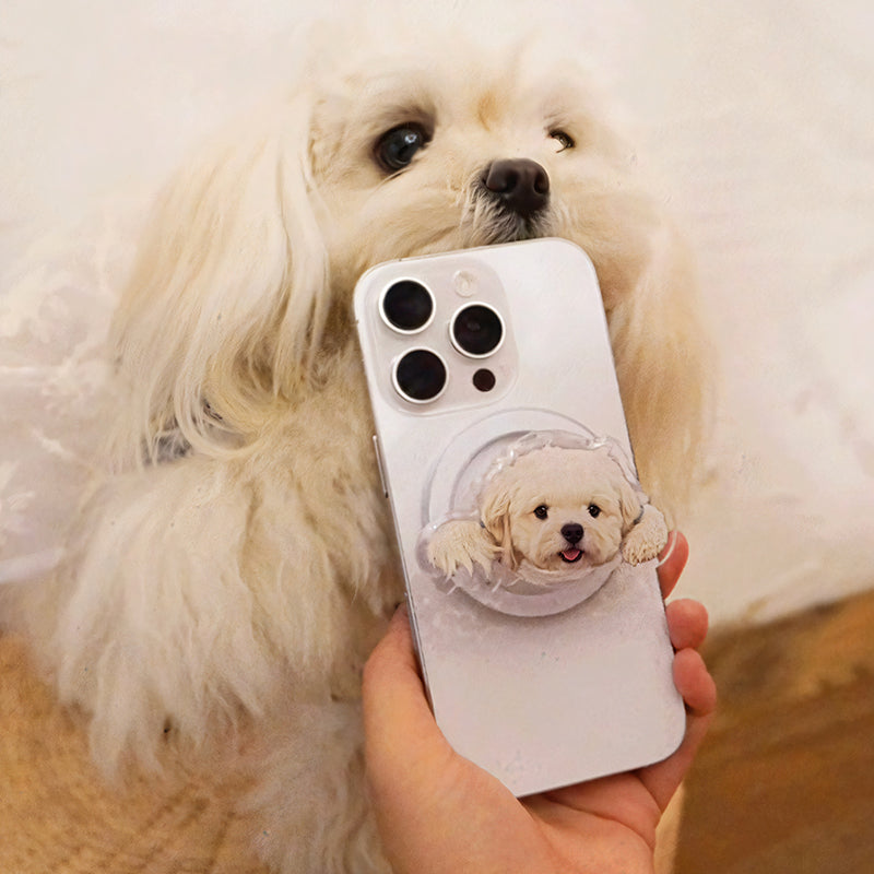 Adorable white dog phone grip with custom pet photo, unique gift