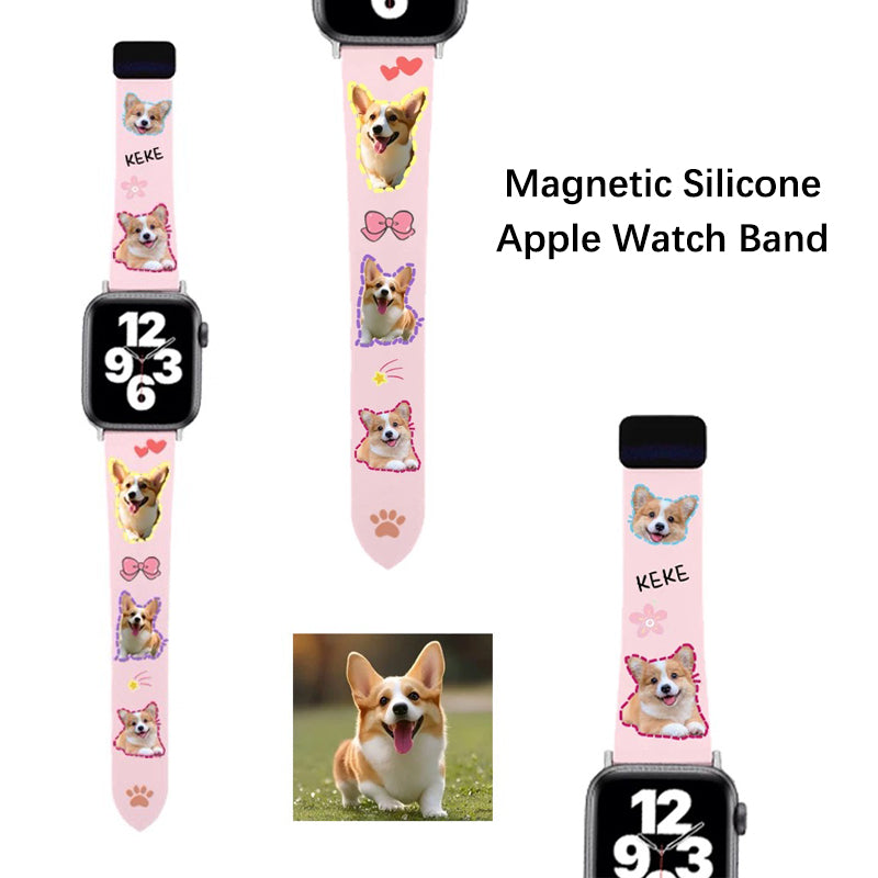 custom dog photo apple watch band with corgi design on pink magnetic silicone strap