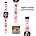 custom dog photo apple watch band with corgi design on pink magnetic silicone strap