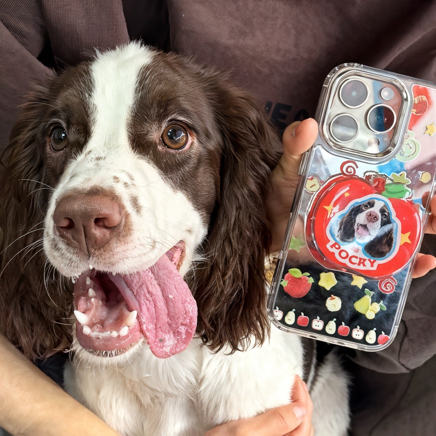 personalized dog photo iphone case magsafe with custom pet name and sticker collage