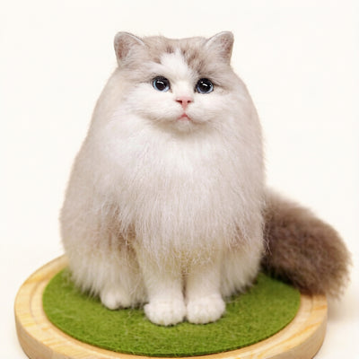 Handcrafted felted wool cat, front view, fluffy and realistic, perfect pet memorial gift