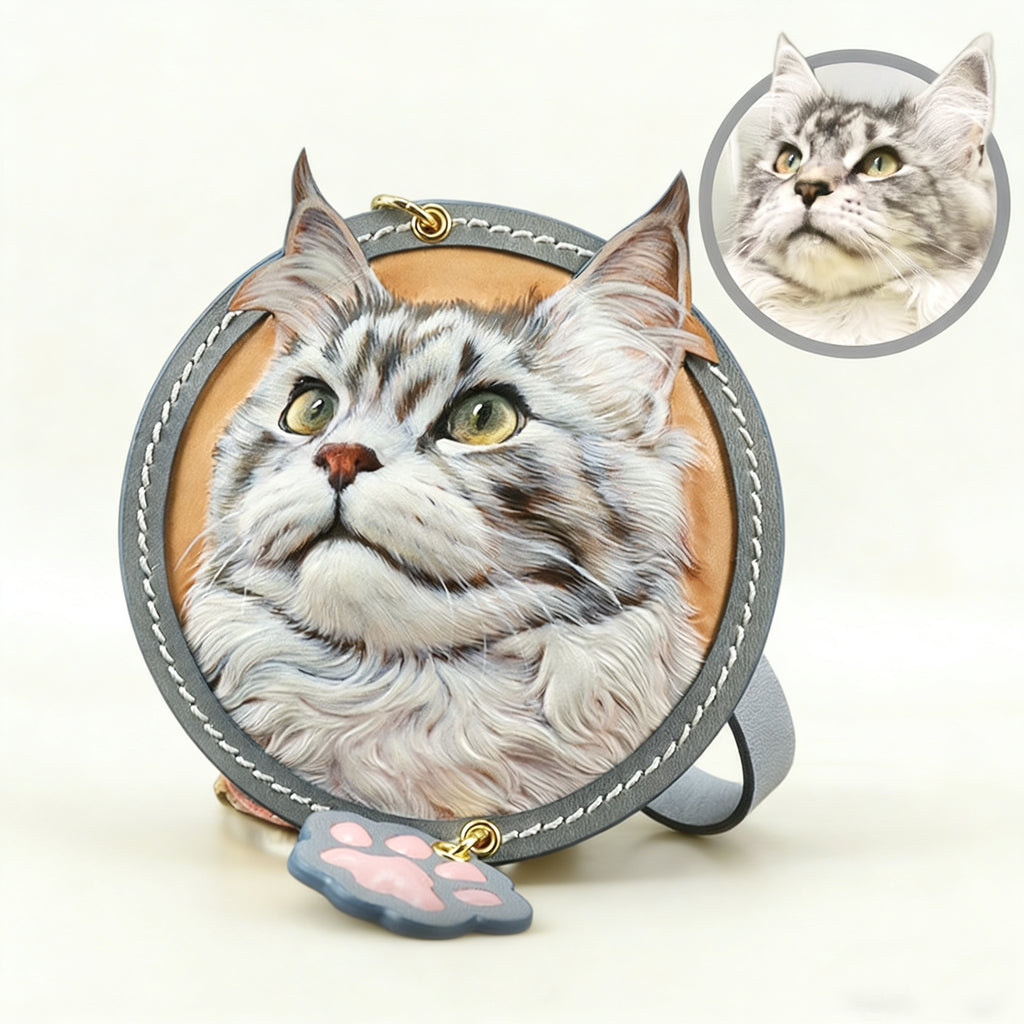 Custom gray tabby cat leather keychain, multi-use pet accessory for bag, car, or keys, personalized gift
