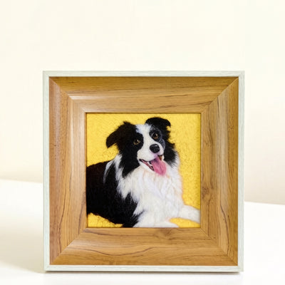 Framed custom needle felted Border Collie portrait, handmade pet memorial, black and white dog