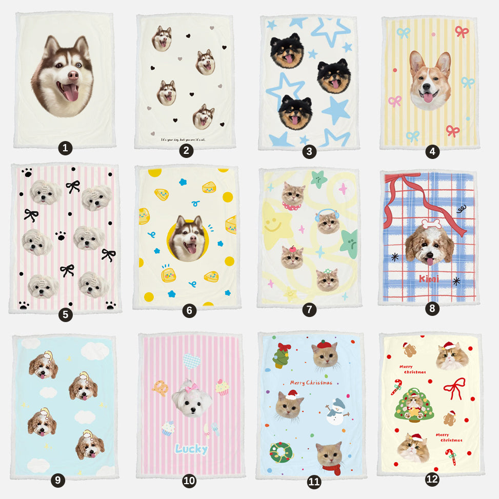 Collection of custom pet blankets featuring dogs and cats personalized designs