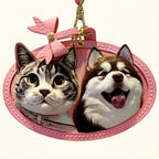 Custom Pet Leather Keychain featuring a Border Collie dog, pink color with bow decoration, personalized pet keepsake