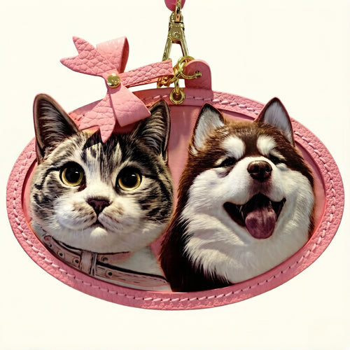 Custom Pet Leather Keychain featuring a Border Collie dog, pink color with bow decoration, personalized pet keepsake