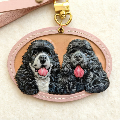 Custom Pet Leather Keychain with two black Cocker Spaniel dogs, personalized dog gift, handmade