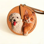 Personalized Pet Leather Keychain featuring a white dog and an orange tabby cat, unique pet accessory