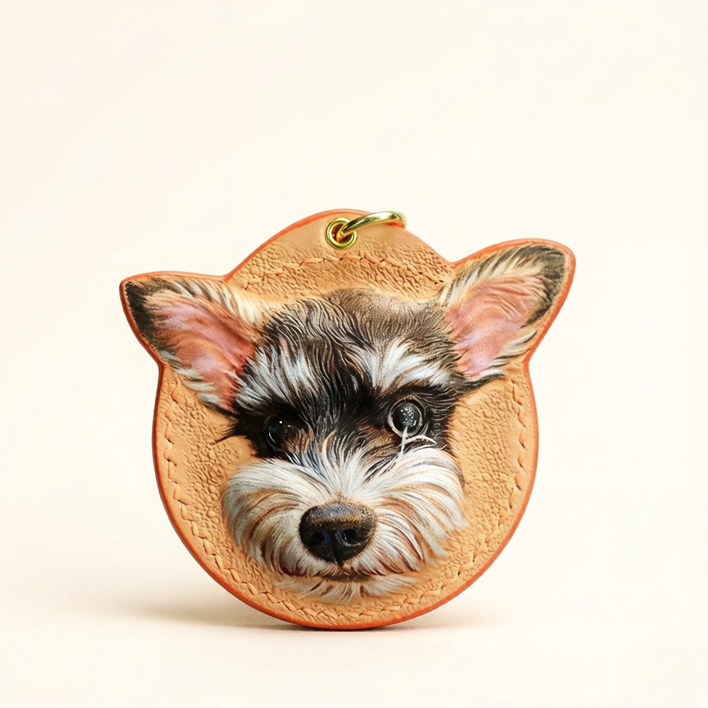 Custom Leather Pet Keychain with a Miniature Schnauzer, handmade personalized dog keepsake