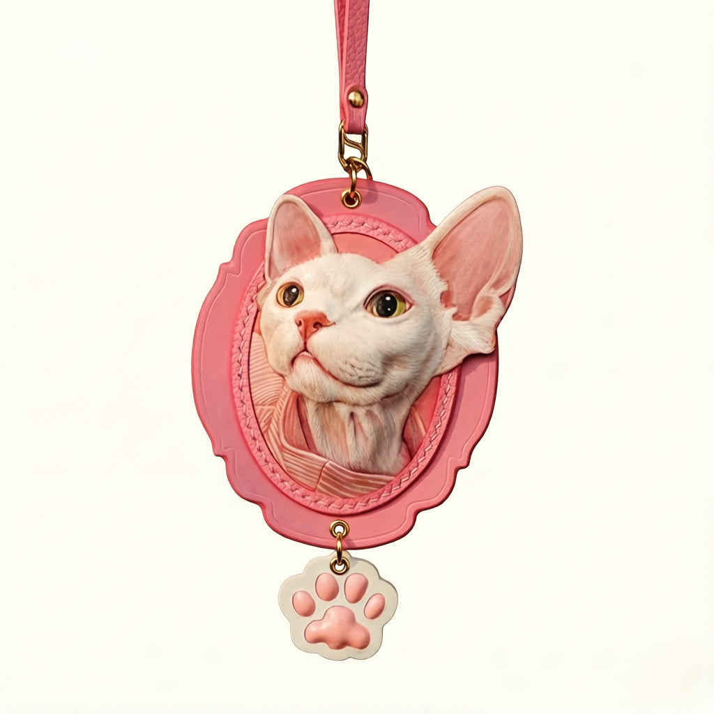 Personalized Sphynx Cat Leather Keychain with paw charm, custom pet gift, pink color