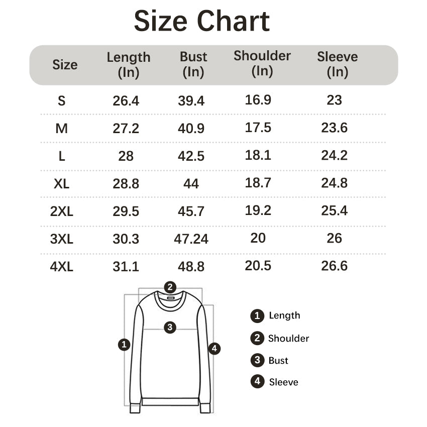 Size chart for custom pet face pajamas, including length, bust, shoulder, sleeve measurements
