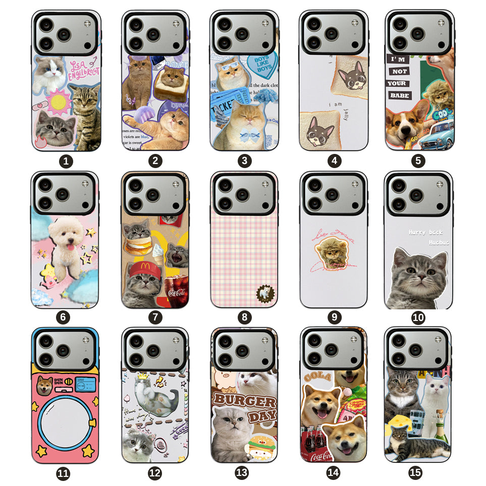 custom pet phone case design options collage with multiple cute dog and cat styles
