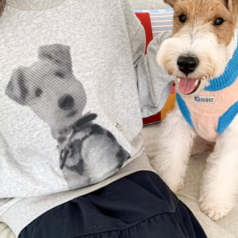 Custom pet portrait sweatshirt in grey featuring a personalized dog illustration, perfect gift for dog lovers