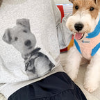 Custom pet portrait sweatshirt in grey featuring a personalized dog illustration, perfect gift for dog lovers
