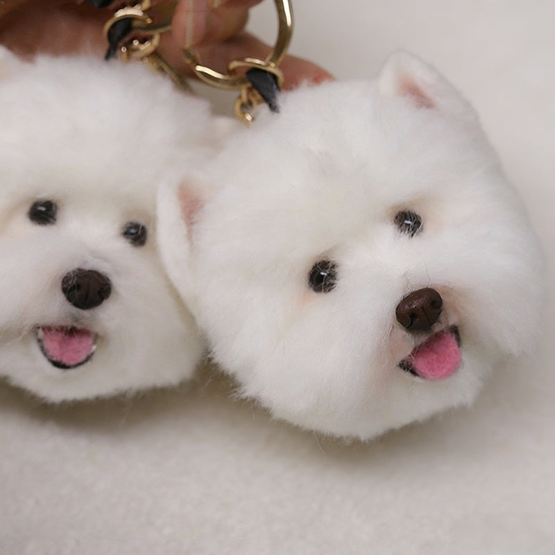 Cute white dog felt keychains with smiling faces, handmade pet accessories, personalized dog gifts