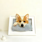 Corgi 3D pet wall art resting on pillow in white frame, custom handmade dog memorial gift