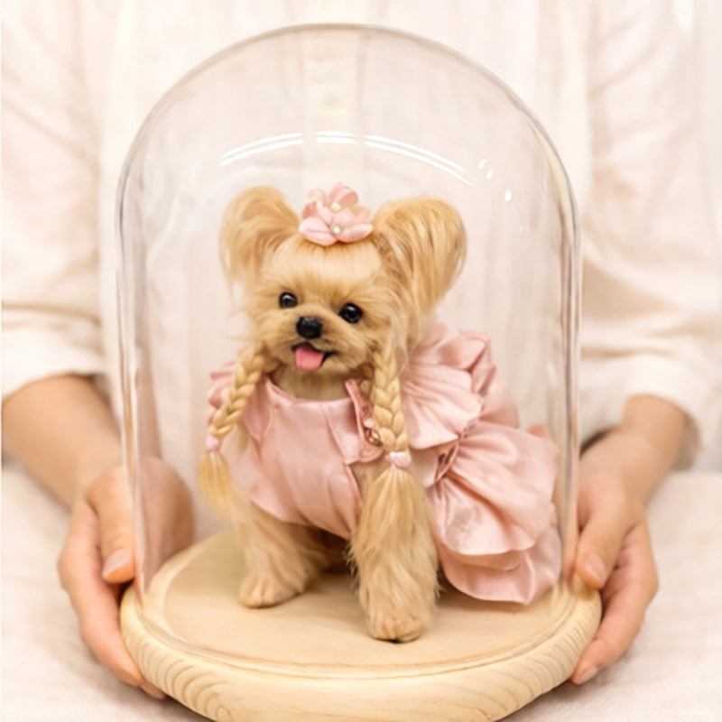 Handmade wool dog doll, front view under glass dome, custom dog plush, detailed and adorable