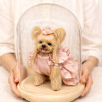 Handmade wool dog doll, front view under glass dome, custom dog plush, detailed and adorable