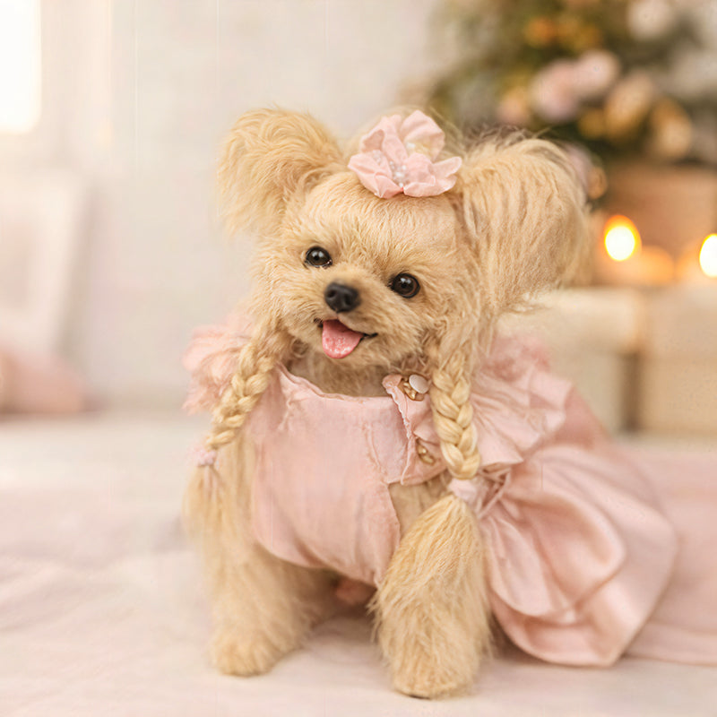 Handmade wool dog doll, top view, soft cream background, warm and cute display