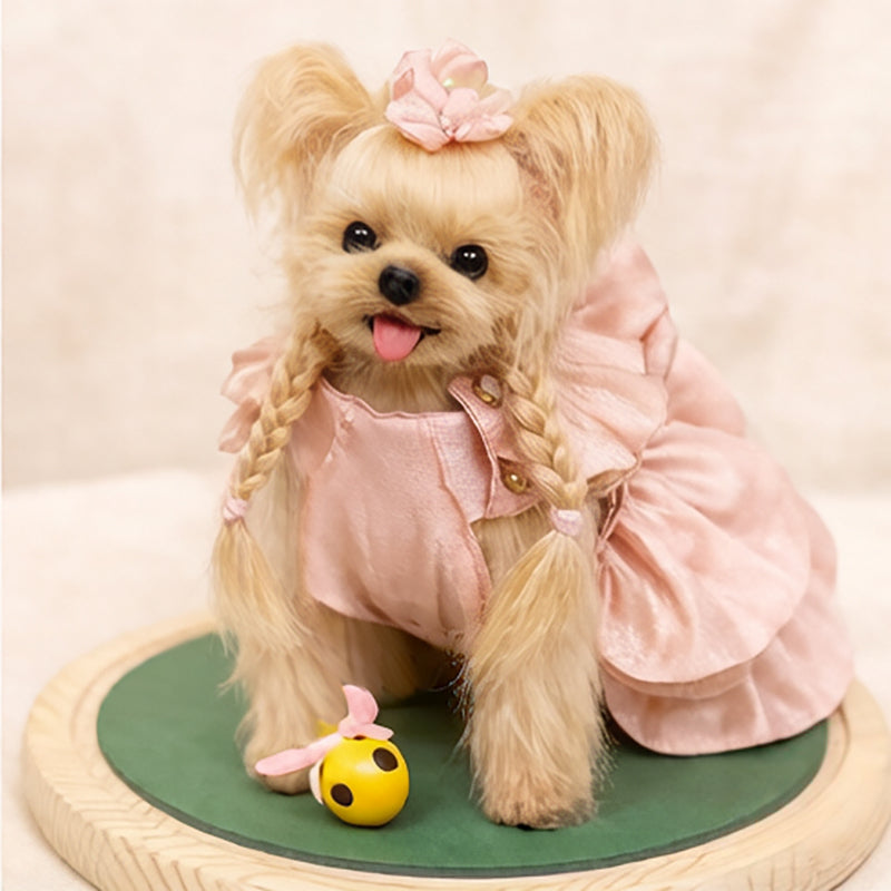 Handmade wool dog doll with toy, playful and adorable, pink dress, braided hair with flower accessory