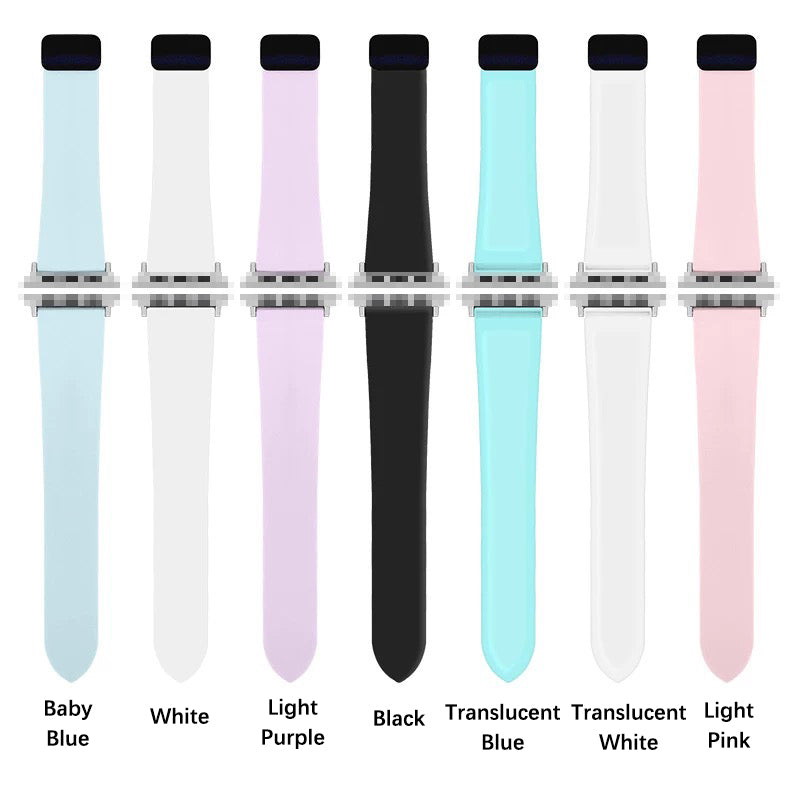 multiple color options for magnetic silicone apple watch band including blue black pink and white
