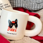 White ceramic cat mug with black and white cat face and personalized name Daxi, cute gift for cat lovers