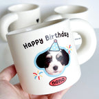 White ceramic dog birthday mug with a cute dog face and personalized name Nono, perfect gift for pet lovers