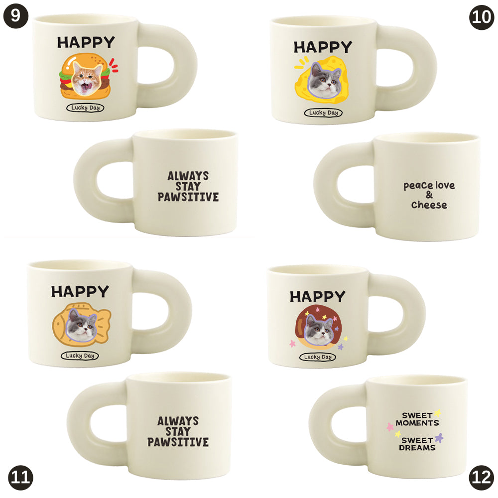 Personalized dog and cat mug designs 9 to 12 featuring cute pet illustrations, quotes, and custom photo options.