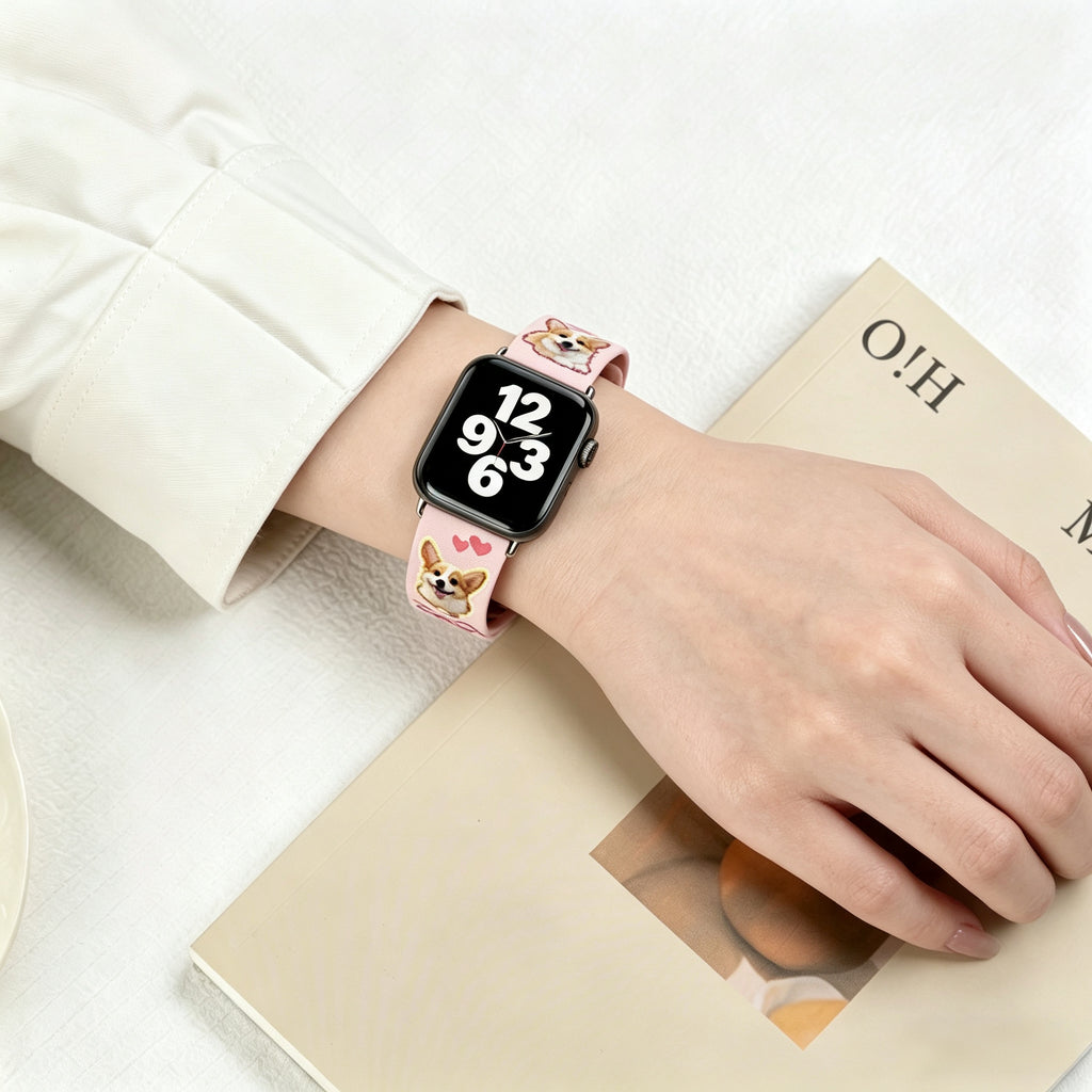 custom pet apple watch band on wrist with dog photo printed design