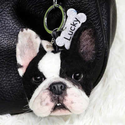 Custom French Bulldog felt keychain in black and white, handmade pet accessory, personalized dog gift