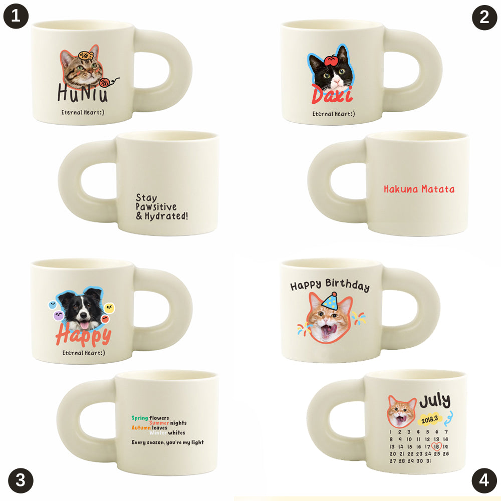 Personalized pet mug styles 1 to 4 featuring custom dog and cat photo designs including birthday, name, and memorial themes.