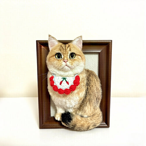 Realistic 3D cat wall art in wooden frame with red necklace, handmade pet memorial gift