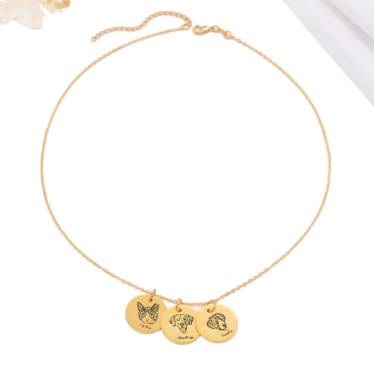 Rose gold personalized pet memorial necklace with cat and dog engraved pendants