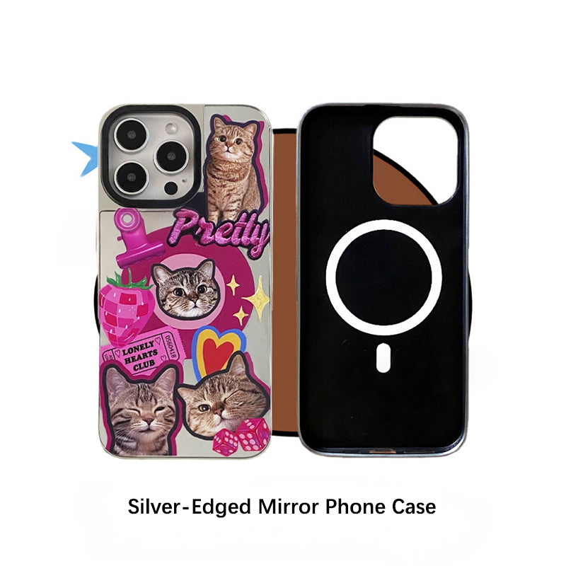 silver edge mirror custom pet phone case magsafe with custom cat collage