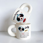 Stack of white ceramic dog birthday mugs featuring cute dog faces and personalized names, ideal gifts for pet lovers